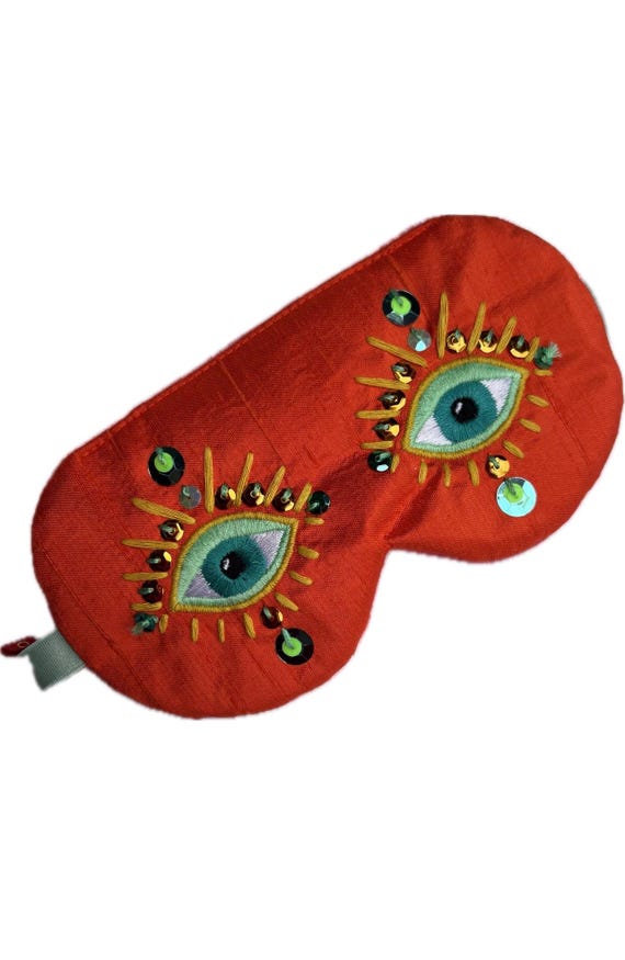 Embroidered Silk Sleep Mask with Eyes, Red Dupioni Silk Velvet Backed Eye Mask with Sequins, Luxury Travel Sleep Maskt EYE of HYPNOS