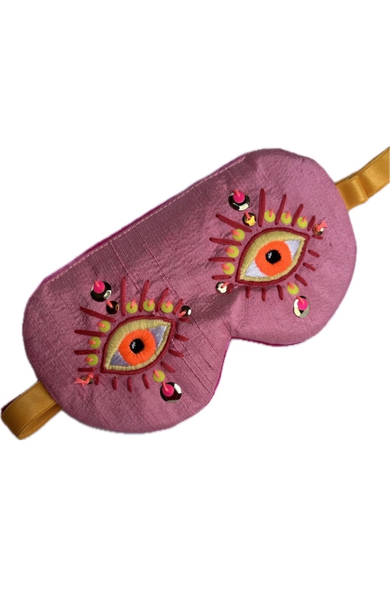 Embroidered Silk Sleep Mask with Eyes, Pink Dupioni Silk Velvet Backed Eye Mask with Sequins, Luxury Travel Sleep Maskt EYE of HYPNOS