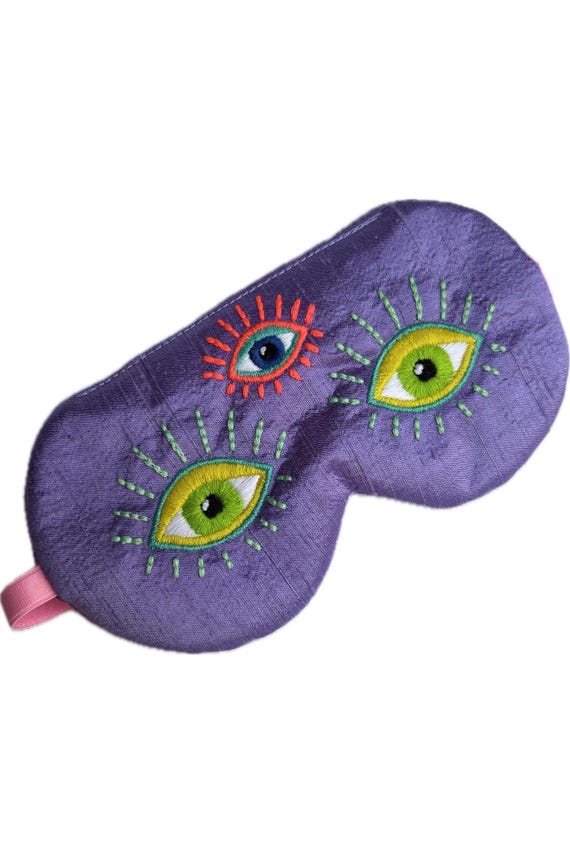 Purple Silk Sleep Mask with Third Eye Embroidery, Dupioni Silk Velvet Backed Eye Mask, Adjustable Luxury Sleep Mask Gift EYE of HYPNOS