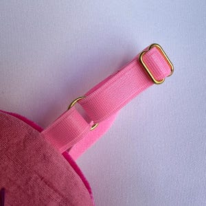 May include: Close-up of a pink fabric item with a matching pink strap and gold-colored metal hardware. The strap is attached to the item with a gold ring. The item appears to be made of a textured fabric.