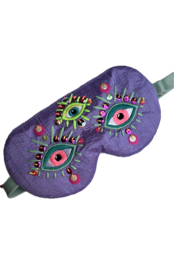 Purple Silk Sleep Mask with Embroidered Eyes, Dupioni Silk Eye Mask with Sequins, Adjustable Luxury Sleep Mask,  Gift for Her EYE of HYPNOS