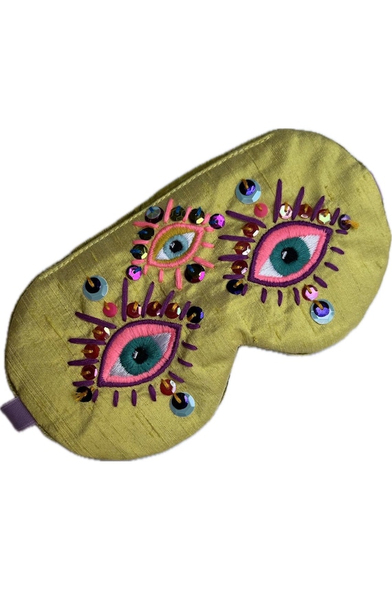 Silk Sleep Mask with Third Eye Embroidery, Yellow Dupioni Silk Eye Mask with Sequins, Adjustable Luxury Sleep Mask, Evil Eye EYE of HYPNOS