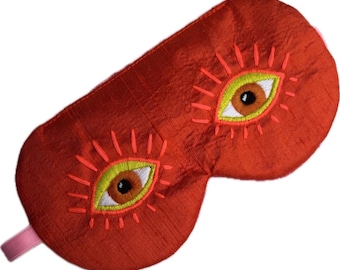 Red Silk Sleep Mask with Embroidered Eyes, Dupioni Silk Velvet Backed Eye Mask, Adjustable Luxury Sleep Mask, Travel Gift, EYE of HYPNOS