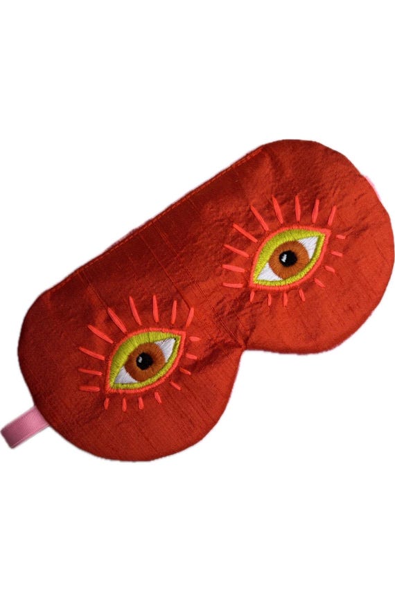 Red Silk Sleep Mask with Embroidered Eyes, Dupioni Silk Velvet Backed Eye Mask, Adjustable Luxury Sleep Mask, Travel Gift, EYE of HYPNOS