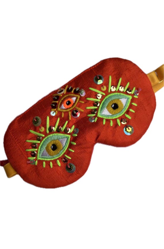 Silk Sleep Mask with Third Eye Embroidery, Red Dupioni Silk Eye Mask with Sequins, Adjustable Luxury Sleep Mask, Evil Eye Gift EYE of HYPNOS