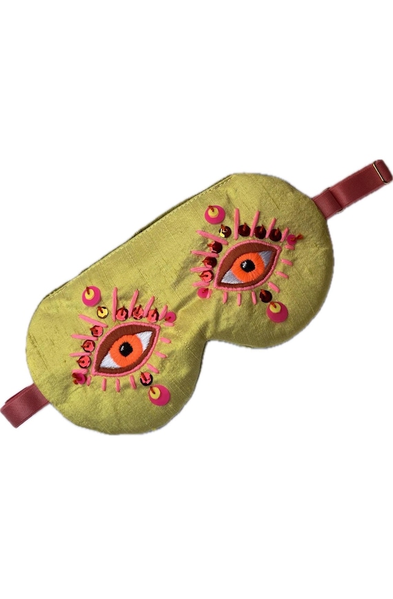 Yellow Silk Sleep Mask with Embroidered Eyes, Dupioni Silk Eye Mask with Sequins, Adjustable Luxury Sleep Mask,  Gift for Her EYE of HYPNOS