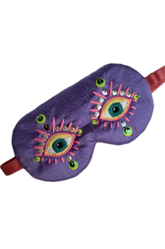Purple Silk Sleep Mask with Embroidered Eyes, Dupioni Silk Eye Mask with Sequins, Adjustable Luxury Sleep Mask,  Gift for Her EYE of HYPNOS