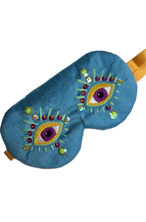Blue Silk Sleep Mask with Embroidered Eyes, Dupioni Silk Eye Mask with Sequins, Adjustable Luxury Sleep Mask,  Gift for Her EYE of HYPNOS