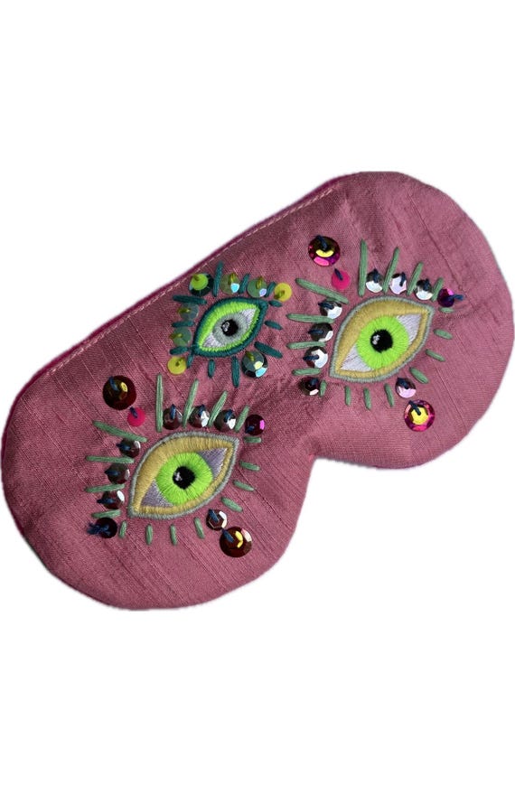Pink Silk Sleep Mask with Embroidered Eyes, Dupioni Silk Eye Mask with Sequins, Adjustable Luxury Sleep Mask,  Gift for Her EYE of HYPNOS