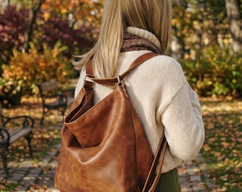 Convertible Brown Vegan Leather Backpack, Hobo Shoulder Bag, Large Travel Tote