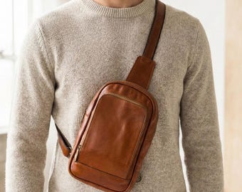 Handmade Leather Crossbody Bag for Men – Vintage Brown Sling Satchel, Gift for Him