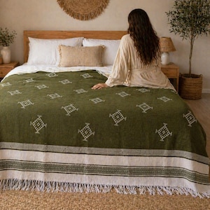 Handwoven Moroccan Cotton Throw Blanket, Olive Green Woven Boho Bed Cover