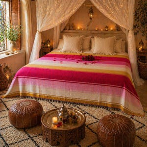 Handwoven Striped Moroccan Blanket, Boho Cotton Throw, Artisan Bedspread Tassel