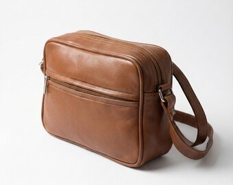 Handmade Light Brown Leather Crossbody Bag, Camera Style