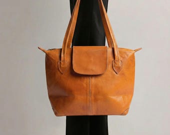 Women Handmade Full Grain Leather Tote – Minimalist Shoulder, Work Laptop Bag