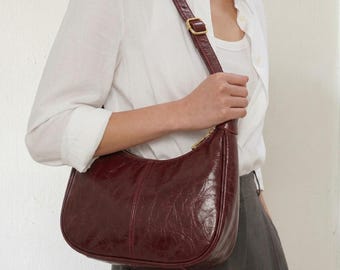 Red Leather Crescent Hobo Bag, Y2K Minimalist Underarm Purse, Women's Everyday Handbag