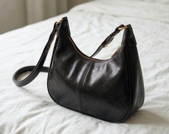 Black Leather Shoulder Bag, Y2K Underarm Hobo Bag, Minimalist Vintage Handbag for Women