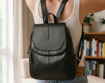 Black Mini Leather Backpack Purse, Vintage Style Travel Daypack