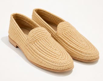 Mocasines de rafia tejidos a mano para hombre / Zapatos marroquíes sin cordones hechos a mano / Mocasines de verano tejidos de lujo / Zapatos de resort / Bailarinas de rafia natural