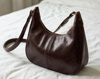 Y2K Dark Brown Leather Bag – Vintage Minimalist Underarm Shoulder Bag for Women
