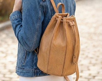Handmade Large Leather Bucket Bag, Beige Crossbody Shoulder Bag