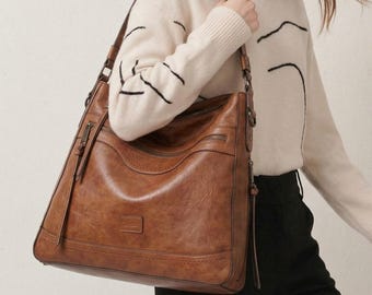 Vintage Leather Shoulder Bag Large Multi Pocket Crossbody Tote for Women