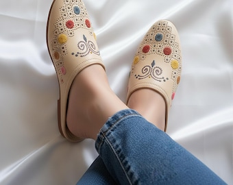 Handmade Moroccan Womens Babouche Shoes, Soft Leather Slippers, Boho Berber Mules, Hand Dyed