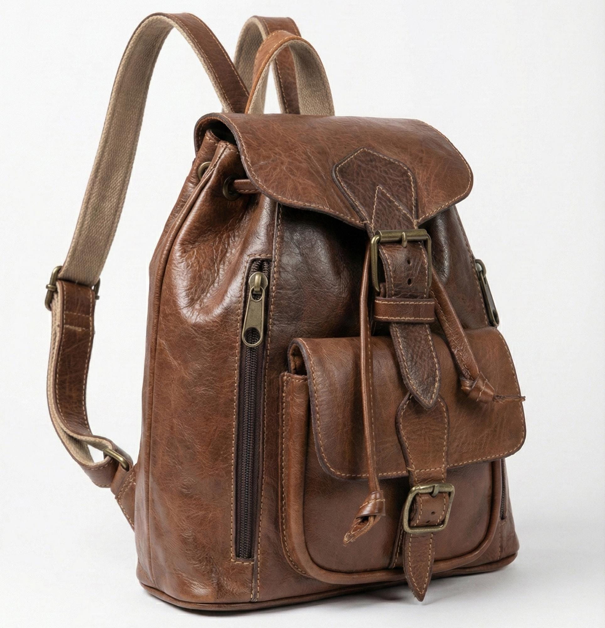Brown Leather Drawstring Backpack - Etsy