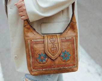 Handmade Moroccan Leather Shoulder Bag, Embroidered Vintage Style Artisan Hobo Leather Handbag