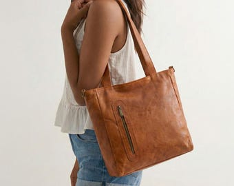Handmade Shoulder Leather Tote Bag with Vertical Zipper Side Pocket