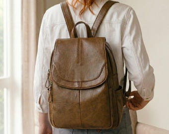 Vintage Leather Backpack Purse, Small Travel Daypack, School Bag, Gift for Her