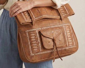 Moroccan Handmade Leather Bags For Woman, Tooled Boho Shoulder Leather Tote from Morocco
