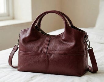 Vintage Burgundy Crossbody Leather Tote Bag, Casual Satchel Shoulder Carry