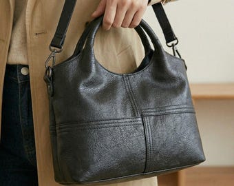 Black Crossbody Leather Satchel Bag, Minimalist Work Shoulder Purse, Gift for Her