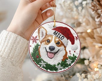 Personalized Corgi Christmas Ornament, Embroidered Style Dog Keepsake, Custom Pet Memorial Gift