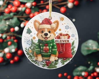 Personalized Corgi Christmas Ornament, Embroidered Style Keepsake