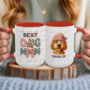 Personalized Dog Mom Coffee Mug, Custom Pet Name, Knitted Doodle Art