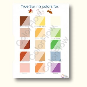 May include: A color palette chart titled "True Spring colors for Fall" featuring 12 color swatches. Colors include Brown Sugar, Buttercup Yellow, Cream, Cayenne, Yellow Cottage, Green Apple, Cinnamon, Hopley, Sprout Green, Butterscotch, Camel, and Light Clear Navy.