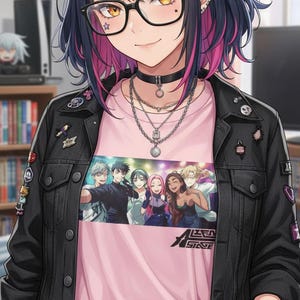 May include: Anime-style illustration of a person wearing a black jacket, pink t-shirt with a group of people, glasses, and jewelry. The person has black hair with pink highlights and is smiling.