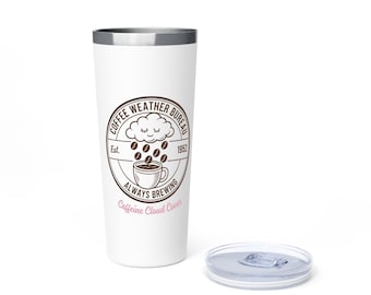 May include: White travel mug with a silver rim and a clear lid. The mug features a brown circular logo with the text "Coffee Weather Bureau Always Brewing Caffeine Cloud Cover" and a graphic of a cloud, coffee beans, and a coffee cup.