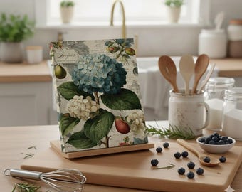 Blaues Hortensien-Rezeptbuch, Küchenrezept-Organizer mit blauem Blumen-Hortensien- und Fruchtentwurf für Brautparty oder Geburtstagsgeschenk