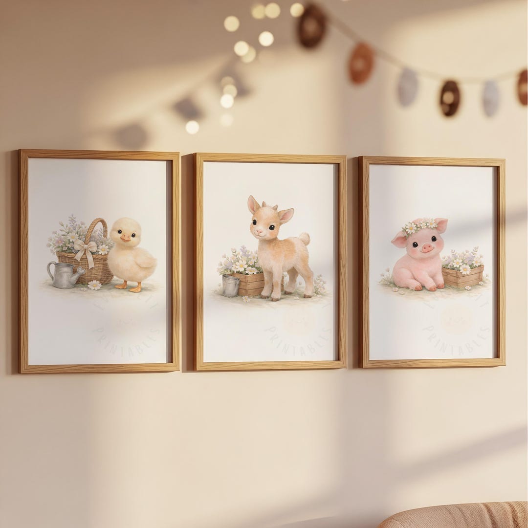 Farm Nursery Wall Art Printable Set | Duckling, Baby Goat & Pig Floral ...