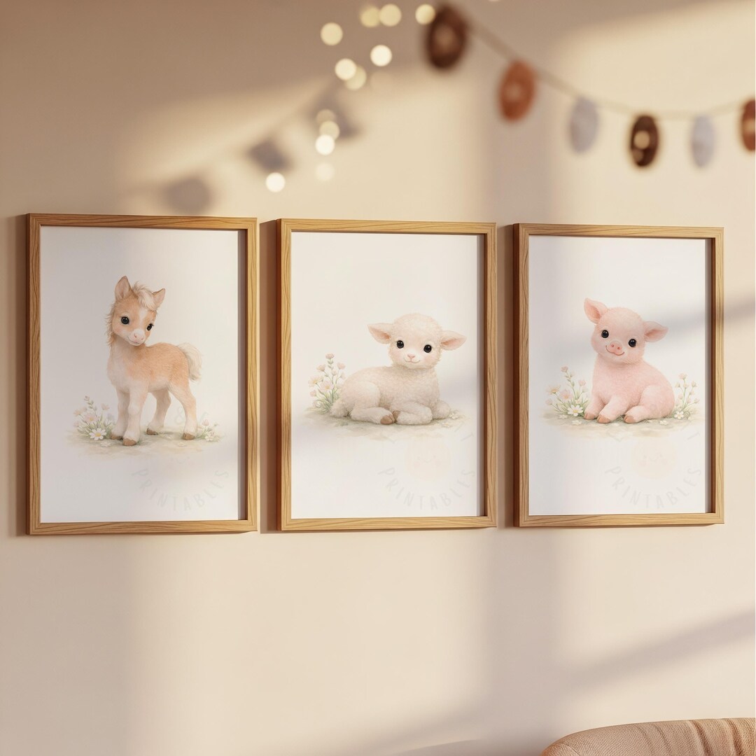 Farmhouse Nursery Wall Art Printable Set | Baby Foal, Lamb & Pig Animal ...