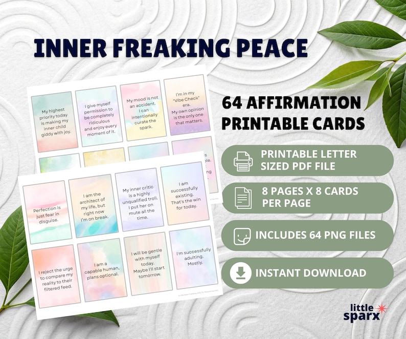 Funny Affirmation Cards | Inner Freaking Peace Printable Self-Care (PDF + PNG) image 1