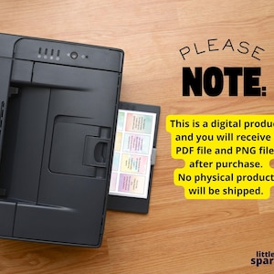 May include: A black printer with a paper tray containing colorful cards. The image includes the text "PLEASE NOTE: This is a digital product, and you will receive a PDF file and PNG files after purchase. No physical product will be shipped."