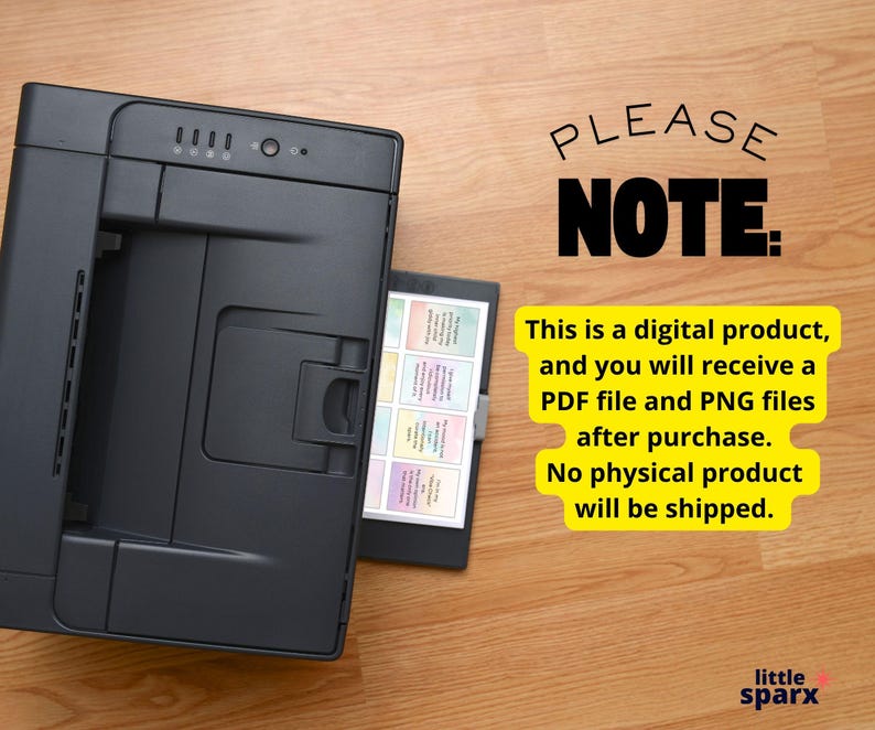 May include: A black printer with a paper tray containing colorful cards. The image includes the text "PLEASE NOTE: This is a digital product, and you will receive a PDF file and PNG files after purchase. No physical product will be shipped."