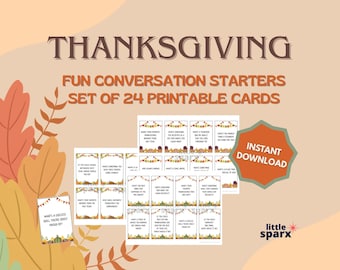 Thanksgiving Conversation Starter Cards Printable | 24 Fun Questions for Dinner Table | Friendsgiving Activities Game
