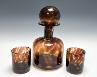 Rare Tortoiseshell Glass Decanter and Two Glasses- Vintage Blown Glass Decanter with Large Stopper Made in Italy for Joseph Magnin
