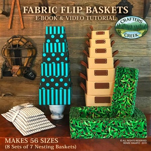 May include: A set of eight fabric flip baskets in various patterns, including black and turquoise stripes, black and turquoise polka dots, and a green and red floral pattern. The baskets are stacked in a pyramid shape and are labelled "Makes 56 Sizes (8 Sets of 7 Nesting Baskets)".