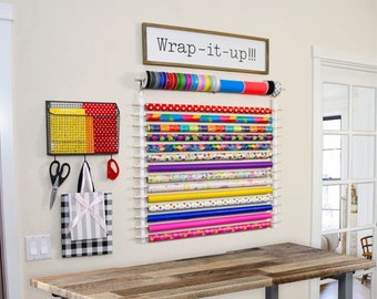 Gift Wrap Storage, Countertop Height, 14 Rolls, Gift Wrap Organizer, Wrapping Paper Organizer, 100% Cotton & Wood Dowels